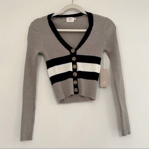 Gray Button Down Crop Top With Navy Blue And White Stripes From Zara